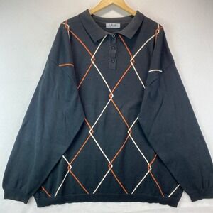VTG Y2K Lavane Argyle Polo Sweater Mens 3X Black Orange Knit Long Sleeve Collar
